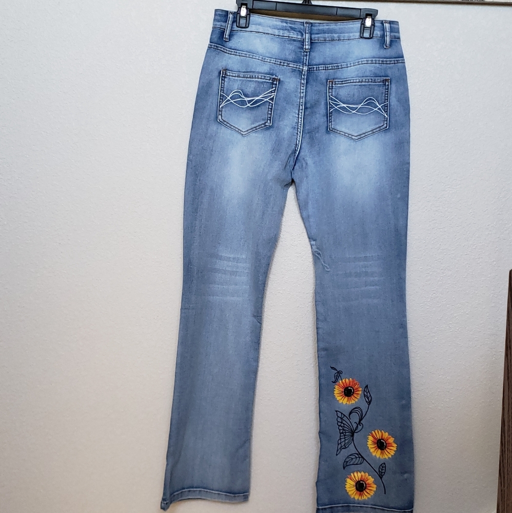 Hippie Chic Boot Cut Jeans With Sunflowers Size L - Picture 2 of 8